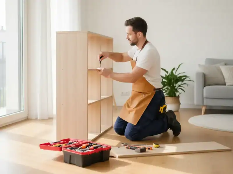 Bricoleur en tenue de travail montant une étagère dans un salon lumineux et moderne, boîte à outils ouverte au sol, mètre ruban à la ceinture. Lumière naturelle depuis une fenêtre, tons blancs et bois clair, style éditorial lifestyle.