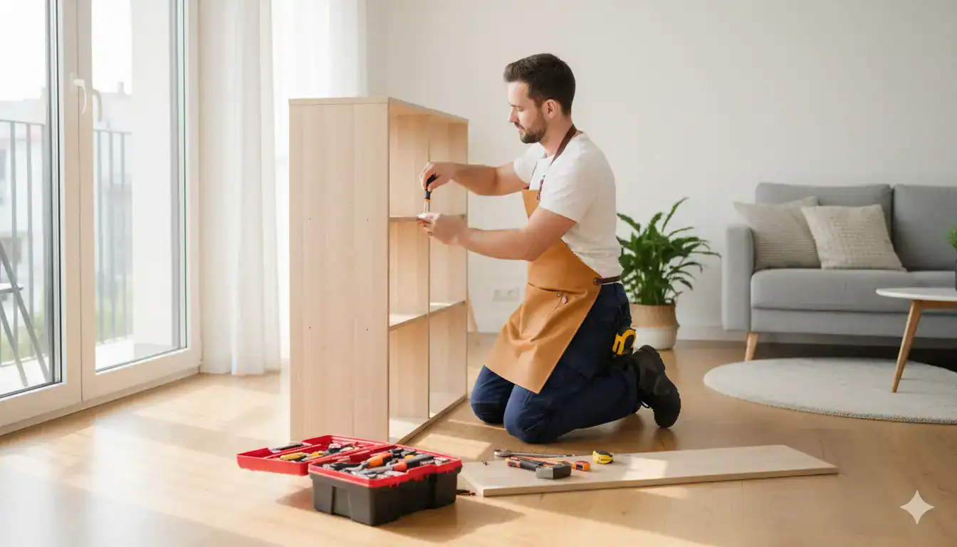 Bricoleur en tenue de travail montant une étagère dans un salon lumineux et moderne, boîte à outils ouverte au sol, mètre ruban à la ceinture. Lumière naturelle depuis une fenêtre, tons blancs et bois clair, style éditorial lifestyle.