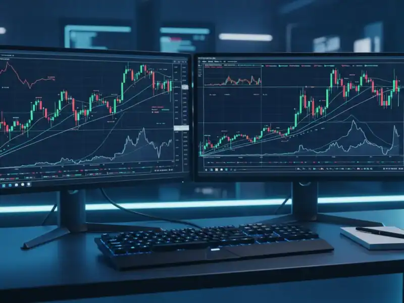 Escritorio de trader profesional con dos monitores mostrando gráficos de velas japonesas y líneas de tendencia, teclado retroiluminado, taza de café y bloc de notas. Iluminación azul neón suave, ambiente tecnológico y ordenado, estilo editorial moderno.
