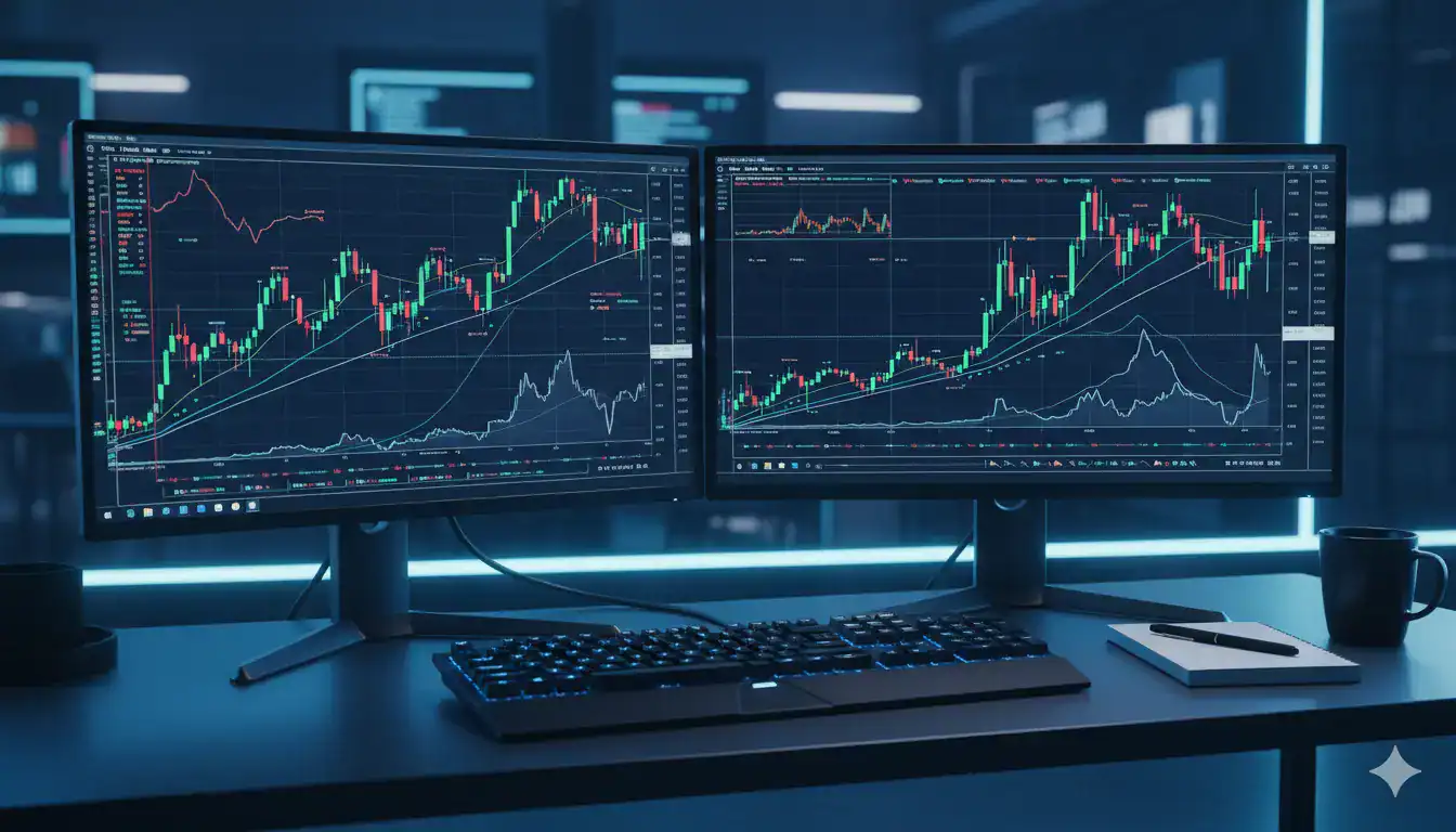 Escritorio de trader profesional con dos monitores mostrando gráficos de velas japonesas y líneas de tendencia, teclado retroiluminado, taza de café y bloc de notas. Iluminación azul neón suave, ambiente tecnológico y ordenado, estilo editorial moderno.