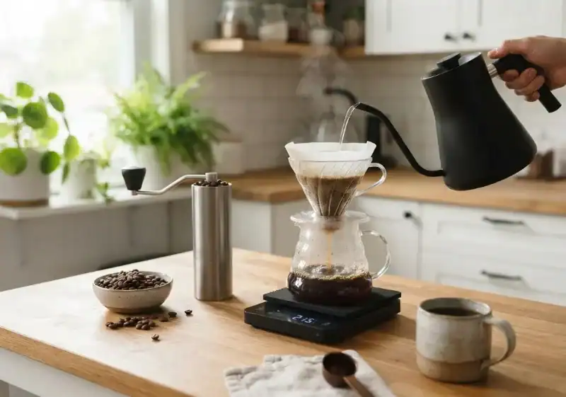 Preparación de café de especialidad en casa con molinillo y filtro