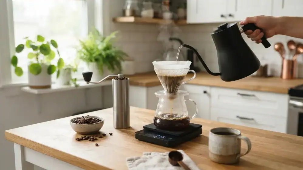Preparación de café de especialidad en casa con molinillo y filtro